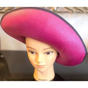 Vintage Mr. John’s Natural Straw Fuchsia/Navy Women’s Hat Beautiful Bow Accent
